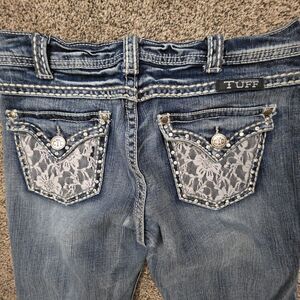 Cowgirl Tuff  Lacy Cream Jeans Size 28 Bootcut Laced Back Pockets Medium Wash